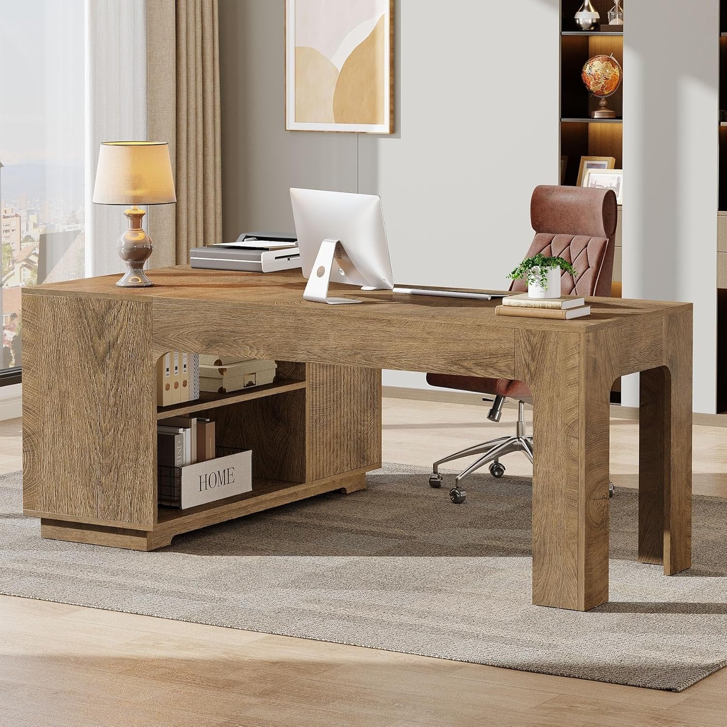 59" L-Shaped Desk with Storage Cabinet, Farmhouse Corner Computer Desk with Open Storage Shelves for Office
