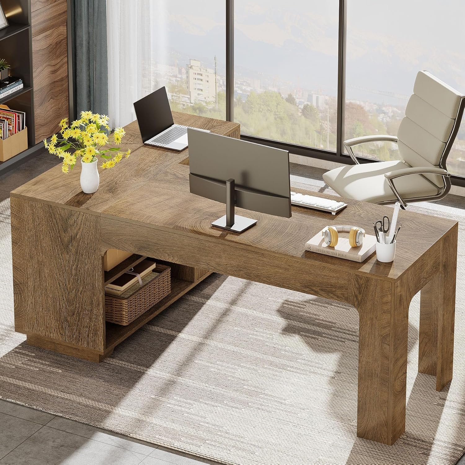 59" L-Shaped Desk with Storage Cabinet, Farmhouse Corner Computer Desk with Open Storage Shelves for Office