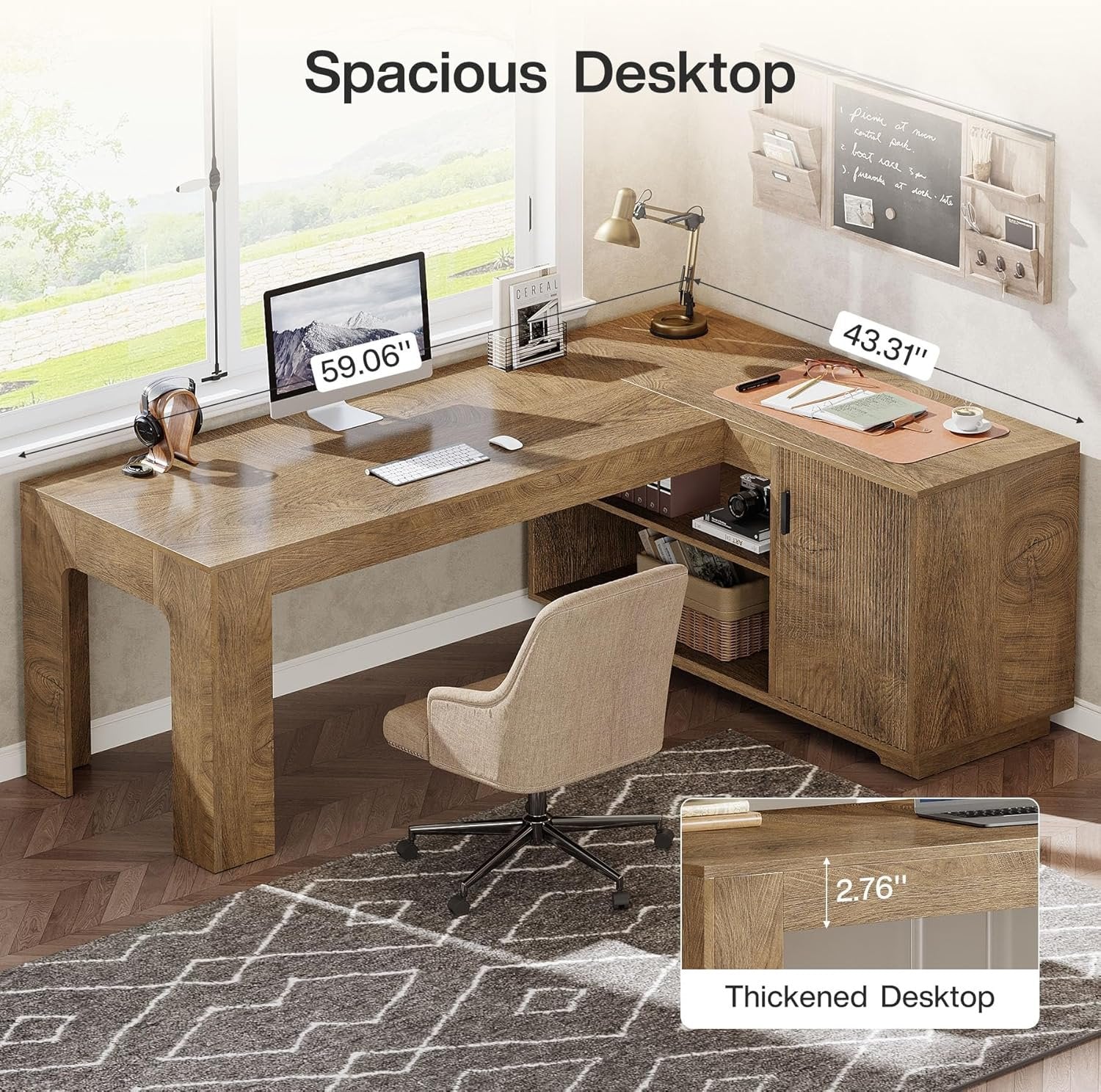 59" L-Shaped Desk with Storage Cabinet, Farmhouse Corner Computer Desk with Open Storage Shelves for Office