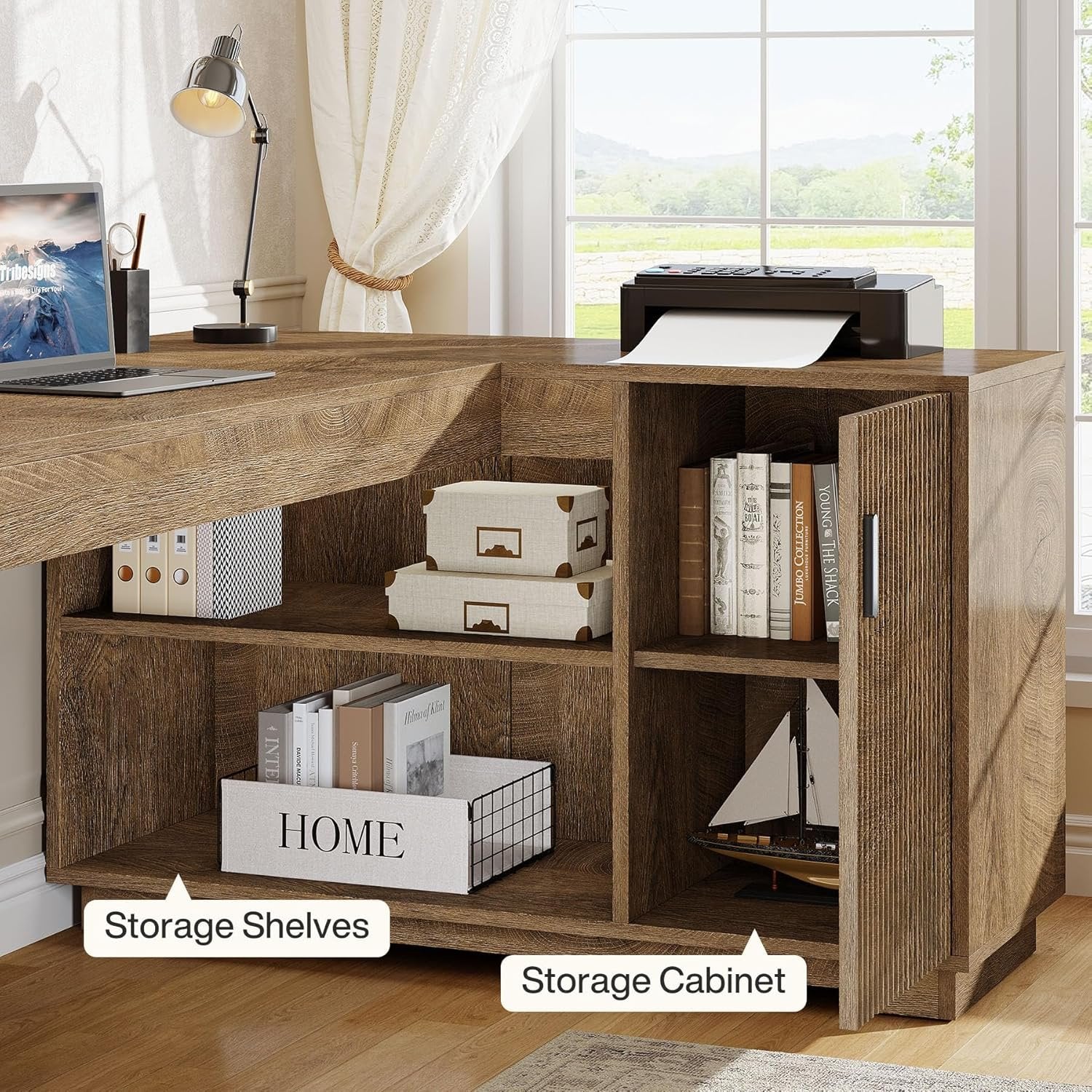 59" L-Shaped Desk with Storage Cabinet, Farmhouse Corner Computer Desk with Open Storage Shelves for Office