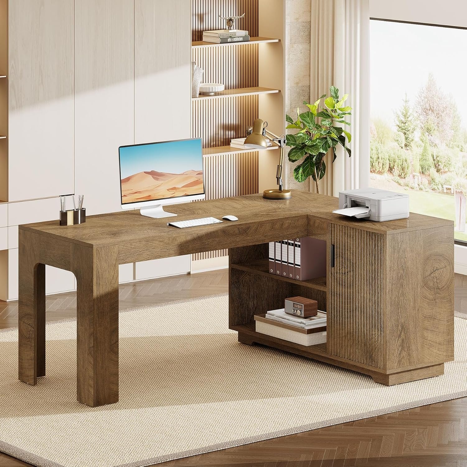59" L-Shaped Desk with Storage Cabinet, Farmhouse Corner Computer Desk with Open Storage Shelves for Office