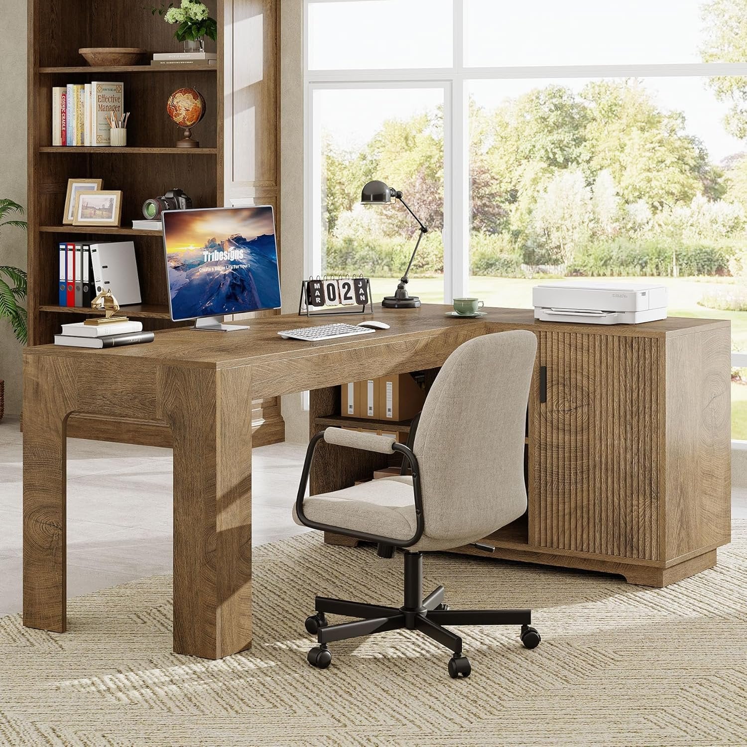 59" L-Shaped Desk with Storage Cabinet, Farmhouse Corner Computer Desk with Open Storage Shelves for Office