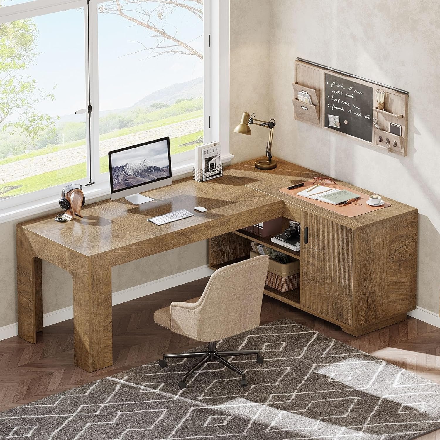 59" L-Shaped Desk with Storage Cabinet, Farmhouse Corner Computer Desk with Open Storage Shelves for Office
