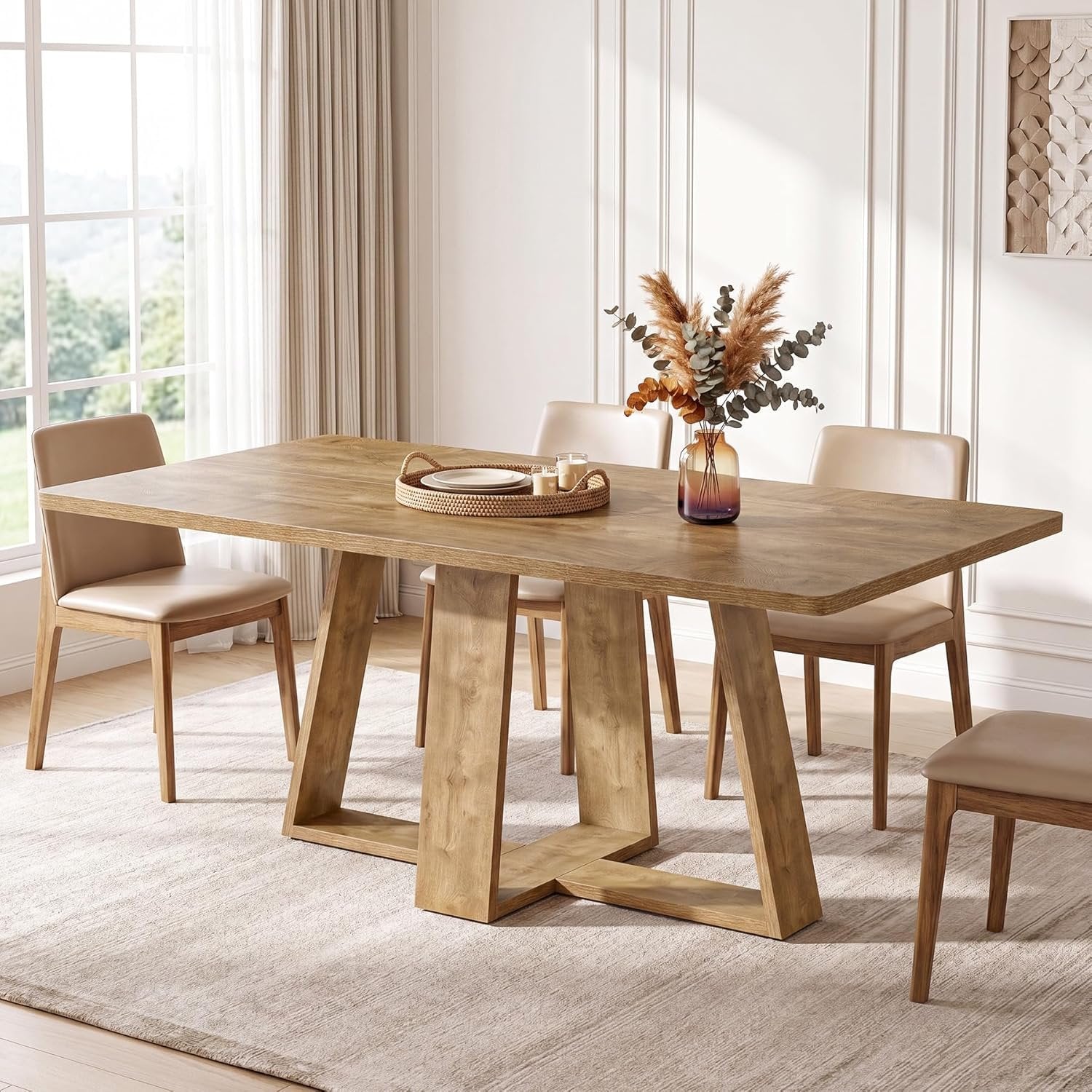 63" Dining Table, Farmhouse Kitchen Table with Wooden Pedestal for Kitchen