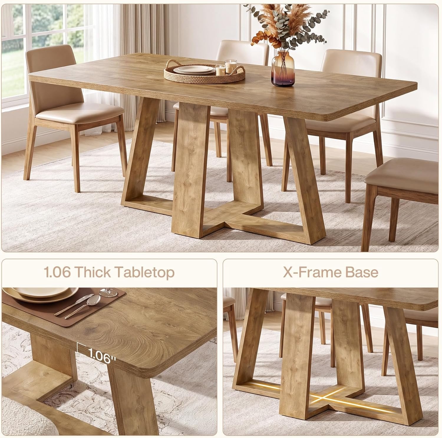63" Dining Table, Farmhouse Kitchen Table with Wooden Pedestal for Kitchen