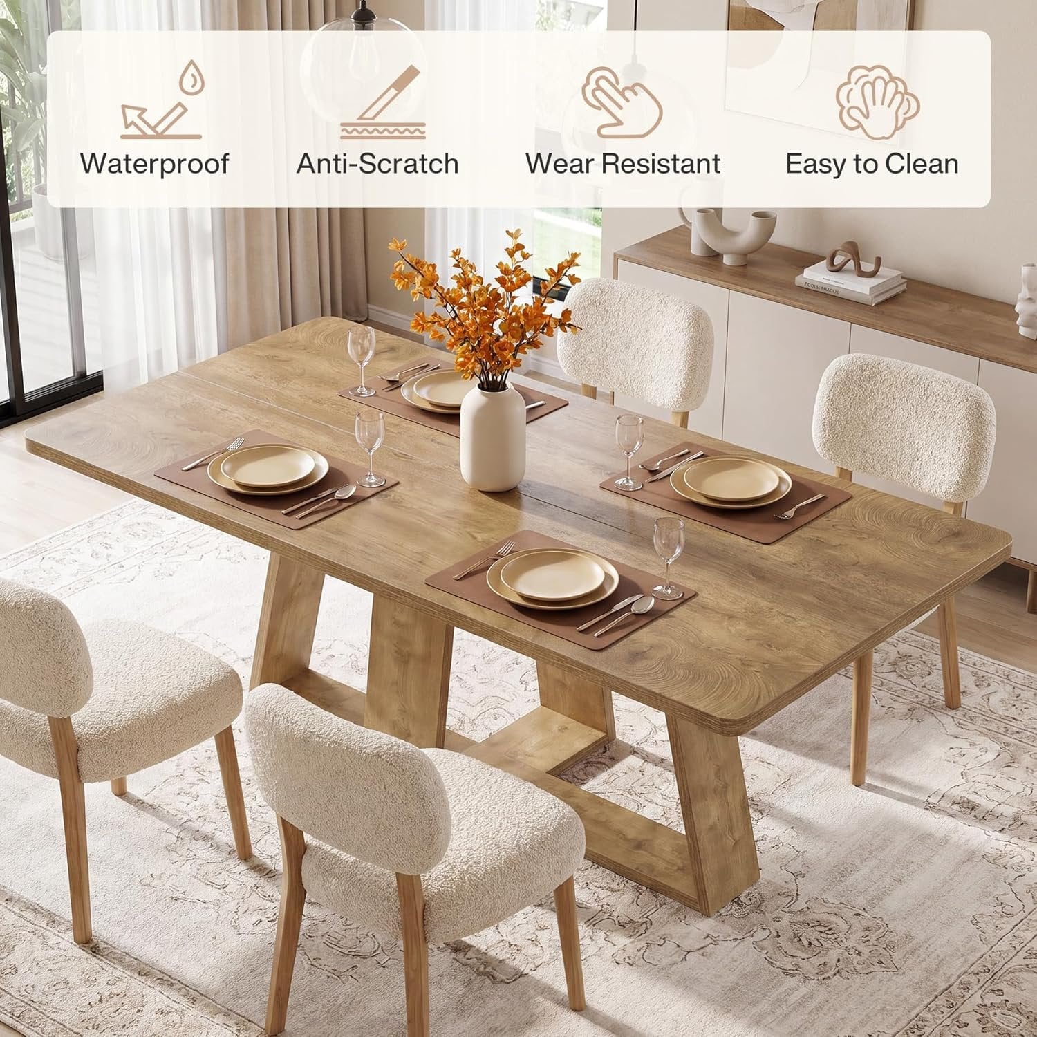 63" Dining Table, Farmhouse Kitchen Table with Wooden Pedestal for Kitchen