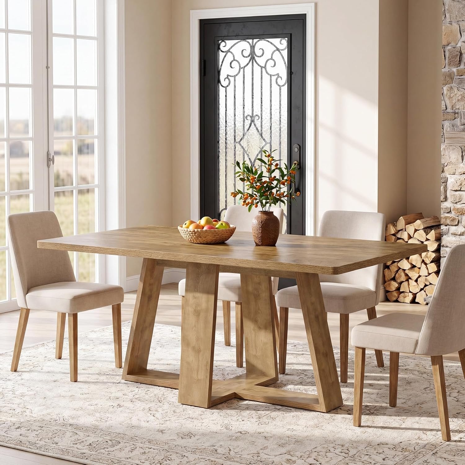 63" Dining Table, Farmhouse Kitchen Table with Wooden Pedestal for Kitchen