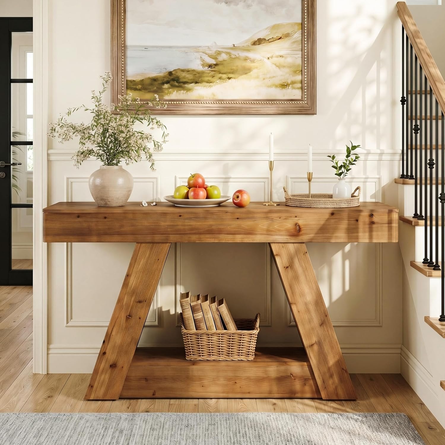 63” Solid Wood Console Table, Farmhouse Sofa Table Behind Couch with 2-Tier Storage for Hallway