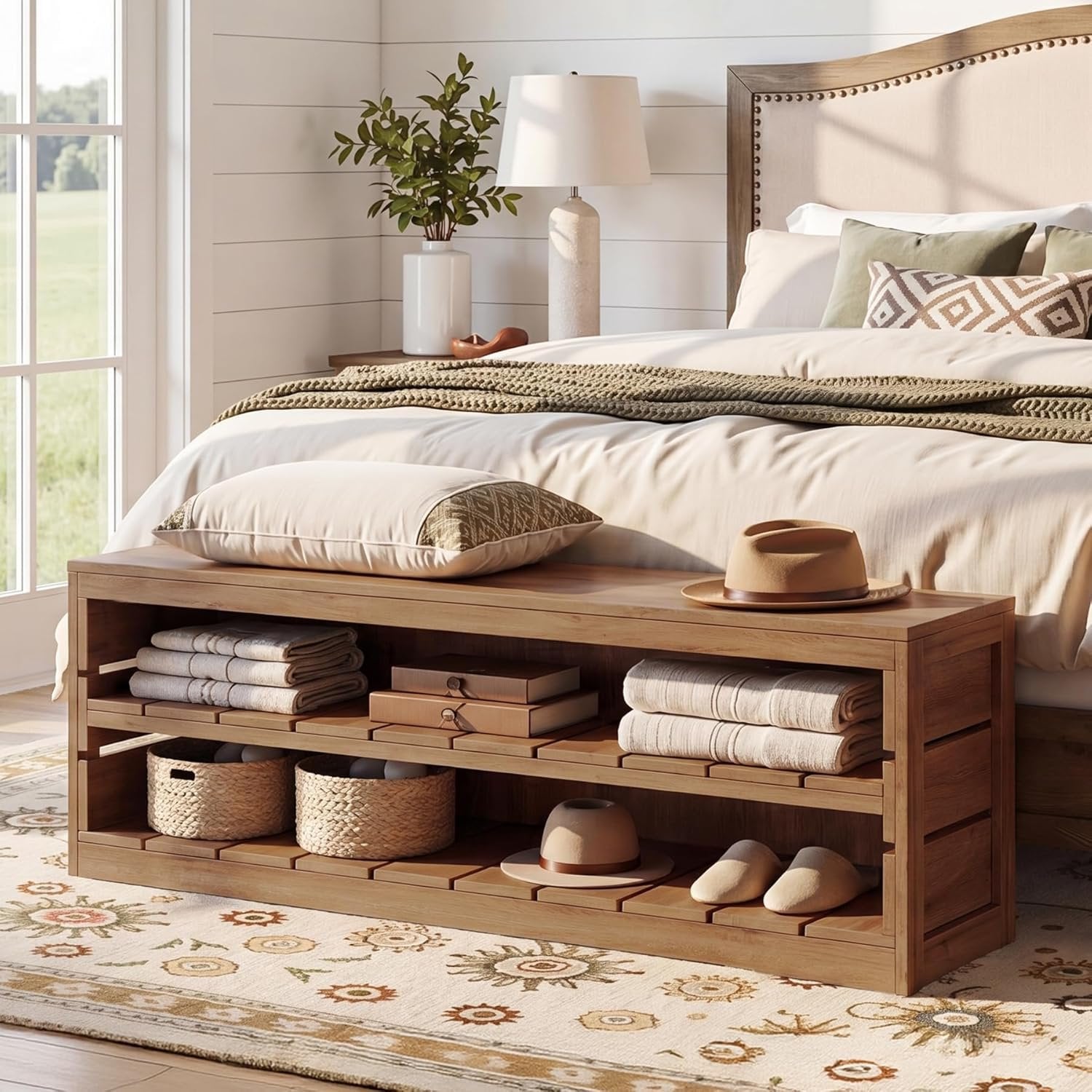 63“ Entryway Bench, 3-Tier Solid Wood Shoe Bench with Open Storage for Living Room