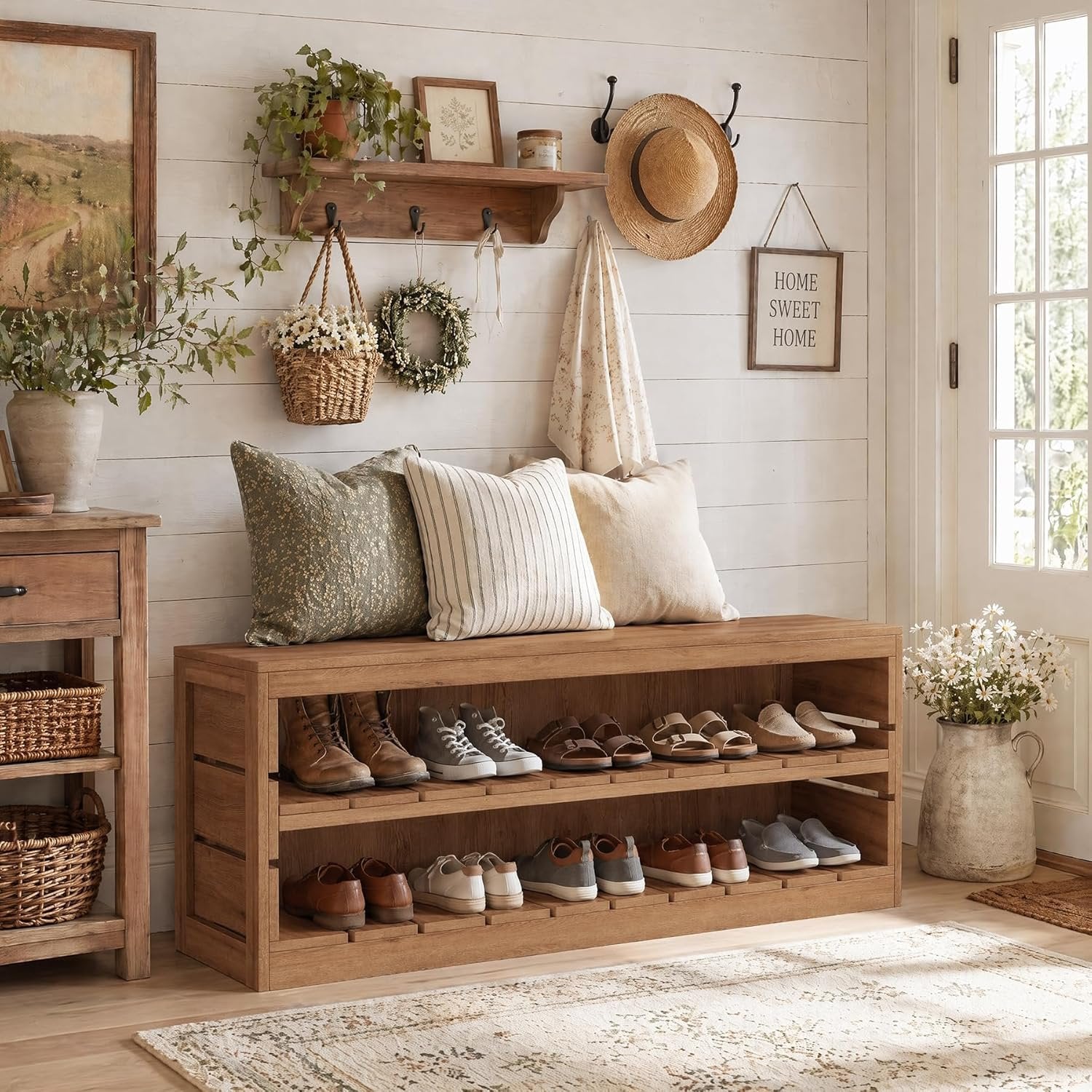 63“ Entryway Bench, 3-Tier Solid Wood Shoe Bench with Open Storage for Living Room