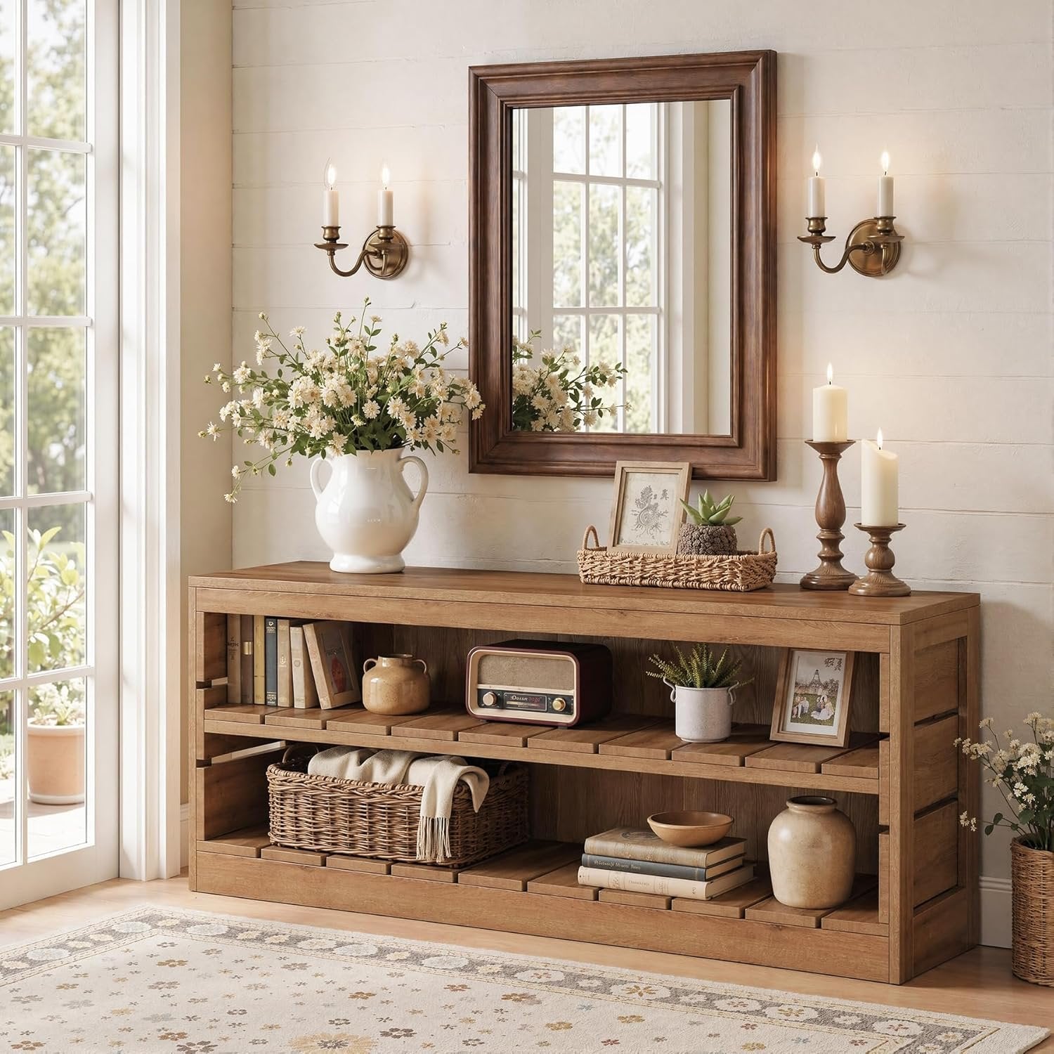 63“ Entryway Bench, 3-Tier Solid Wood Shoe Bench with Open Storage for Living Room