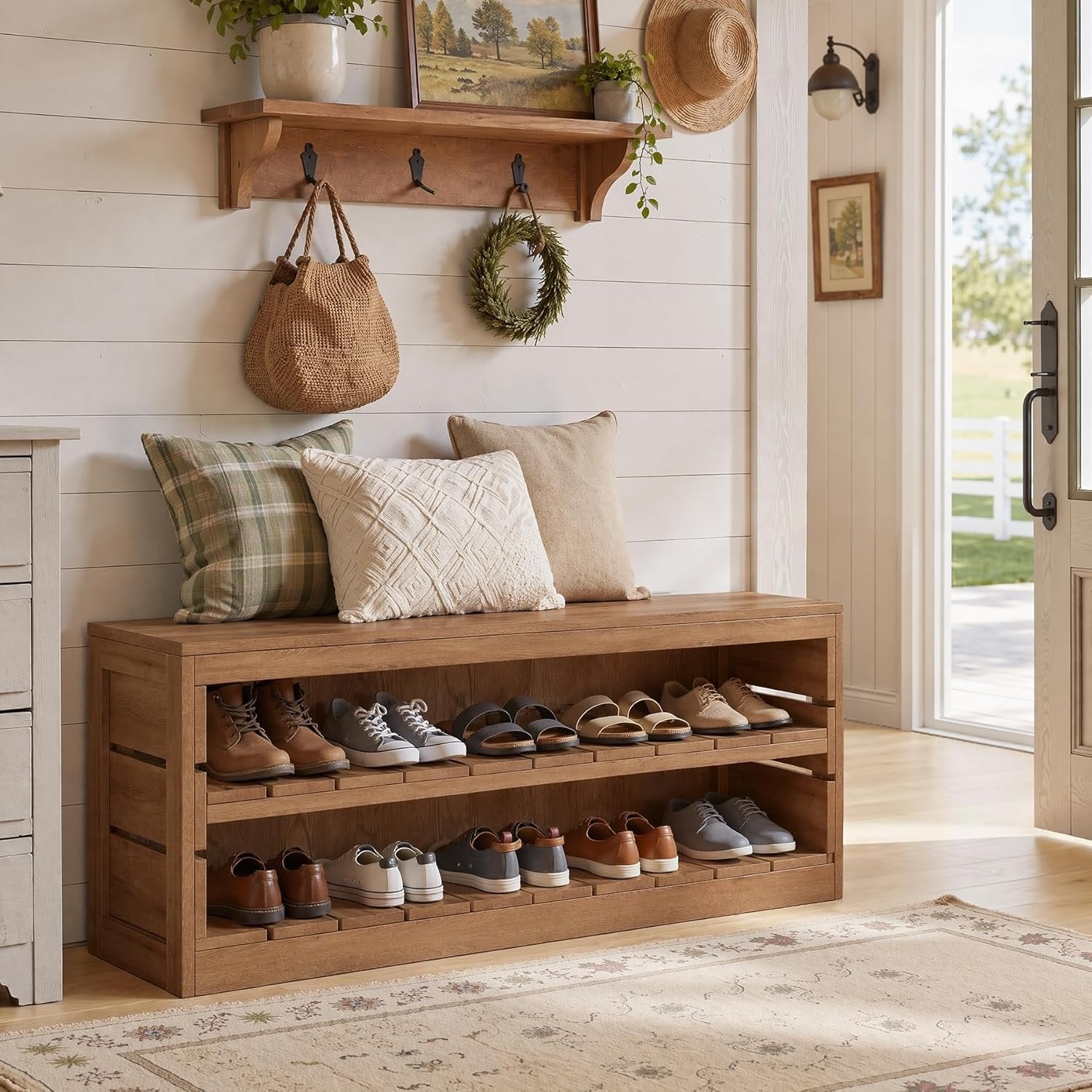 63“ Entryway Bench, 3-Tier Solid Wood Shoe Bench with Open Storage for Living Room