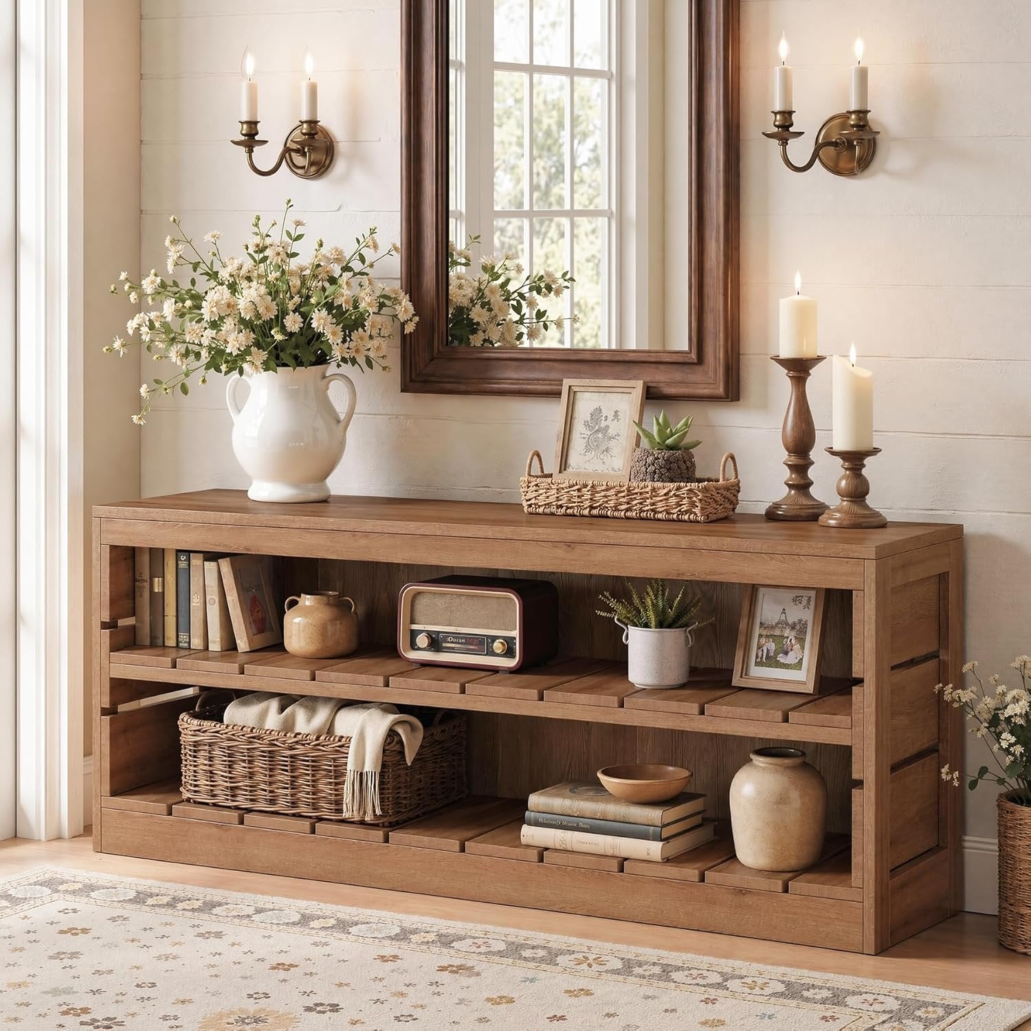 63" Solid Wood Console Table, Rustic 3-Tier Entryway Sofa Table for Hallway