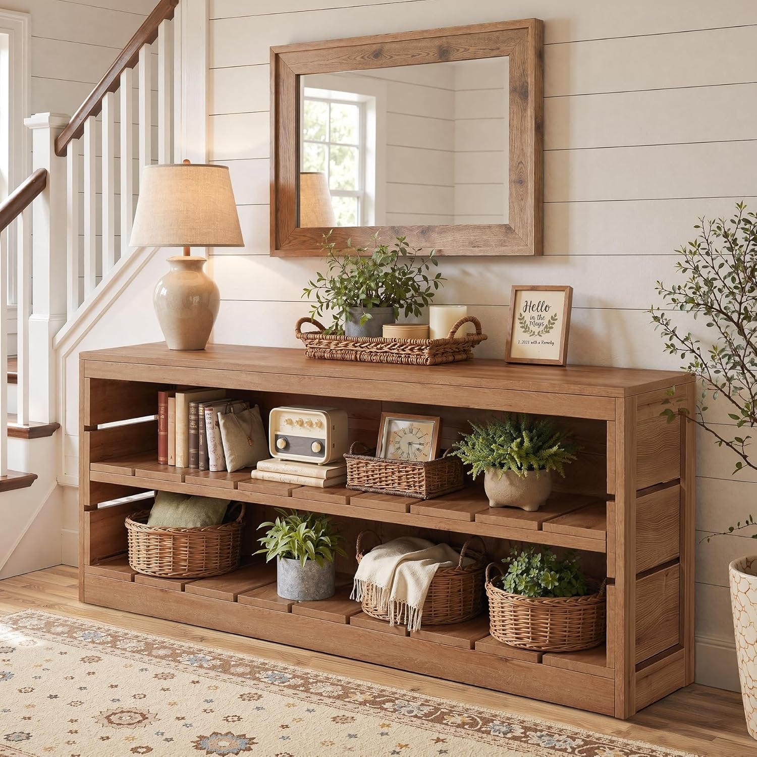 63" Solid Wood Console Table, Rustic 3-Tier Entryway Sofa Table for Hallway