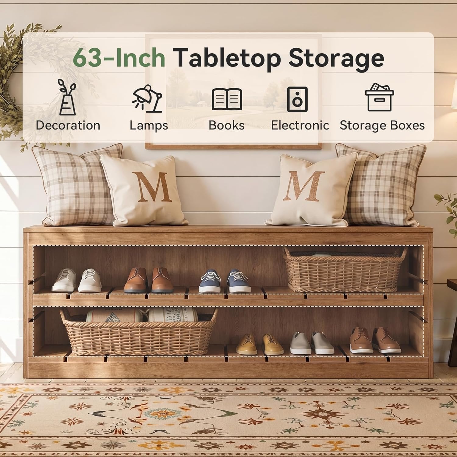 63" Solid Wood Console Table, Rustic 3-Tier Entryway Sofa Table for Hallway