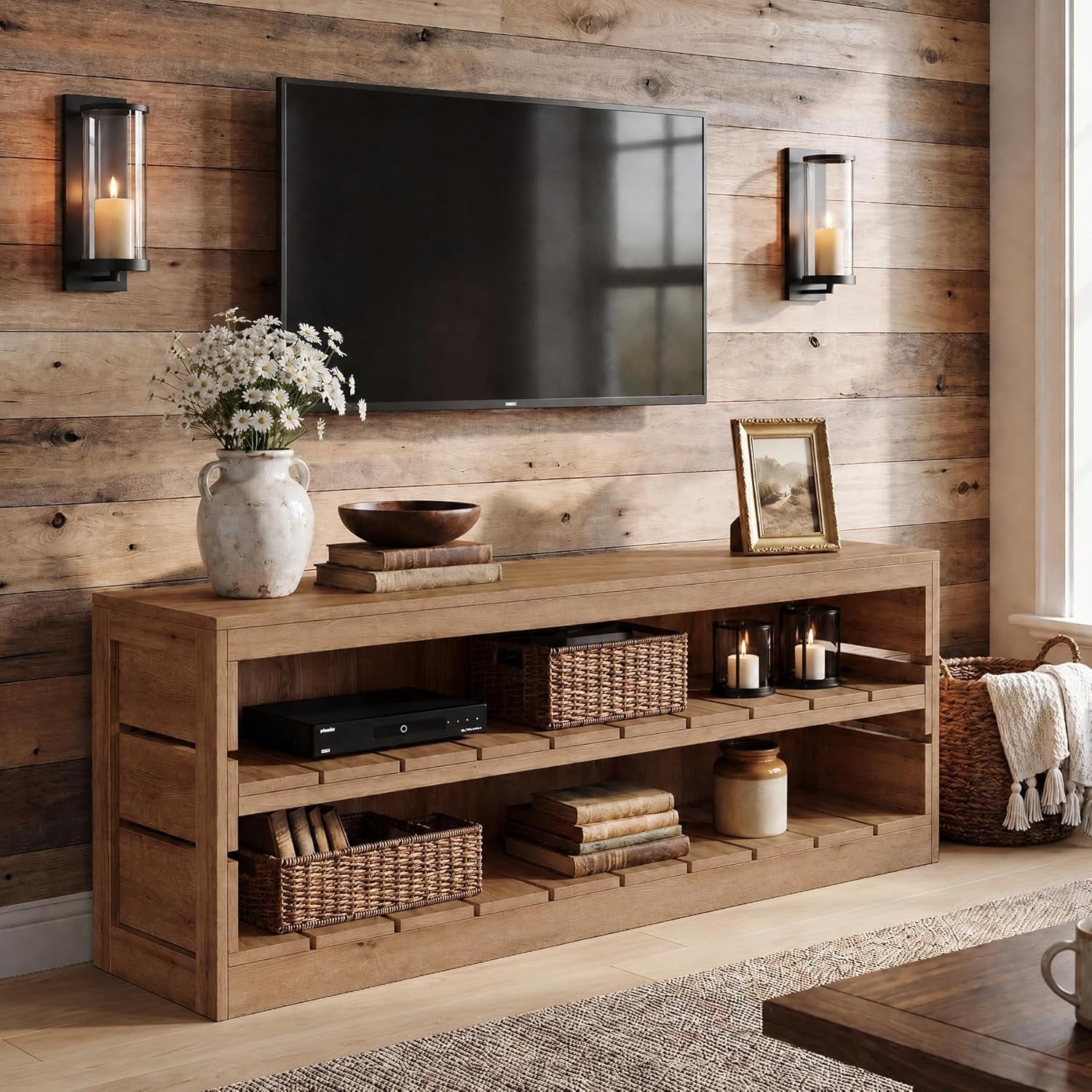 63" Solid Wood TV Stand, Farmhouse 3-Tier Television Stand for 55/60/65/75-Inch TV for Living Room Bedroom