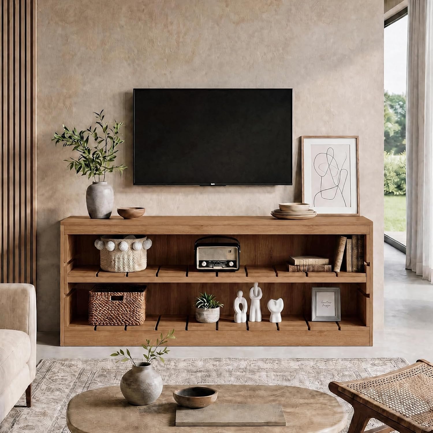 63" Solid Wood TV Stand, Farmhouse 3-Tier Television Stand for 55/60/65/75-Inch TV for Living Room Bedroom