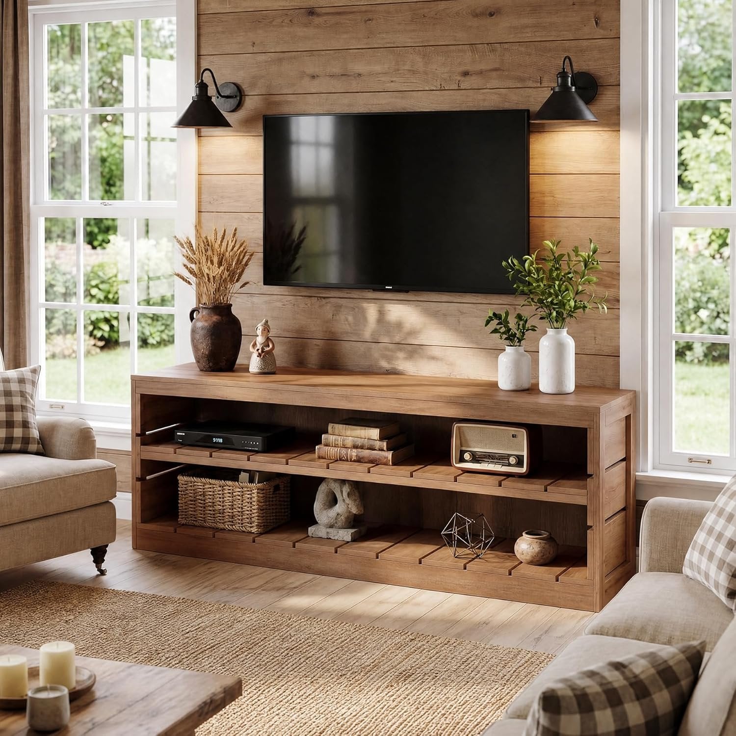 63" Solid Wood TV Stand, Farmhouse 3-Tier Television Stand for 55/60/65/75-Inch TV for Living Room Bedroom