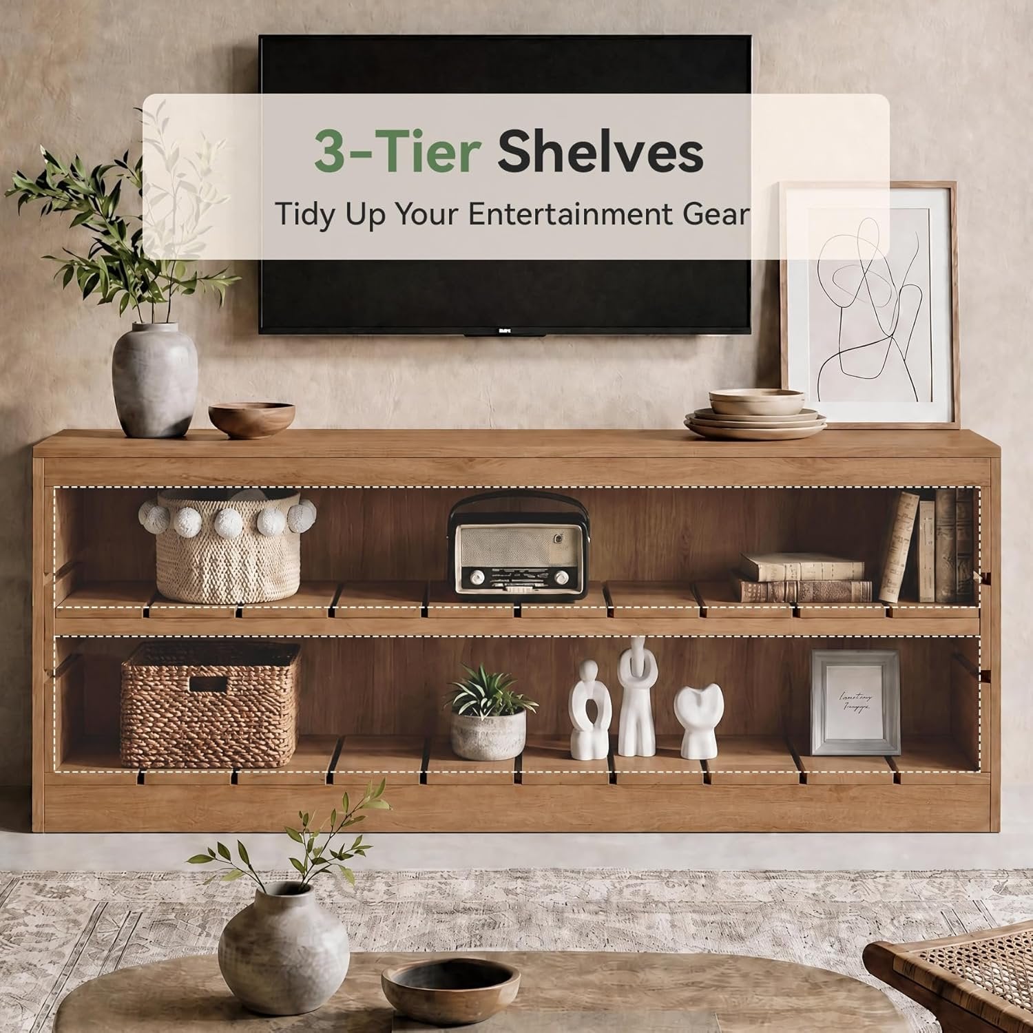 63" Solid Wood TV Stand, Farmhouse 3-Tier Television Stand for 55/60/65/75-Inch TV for Living Room Bedroom
