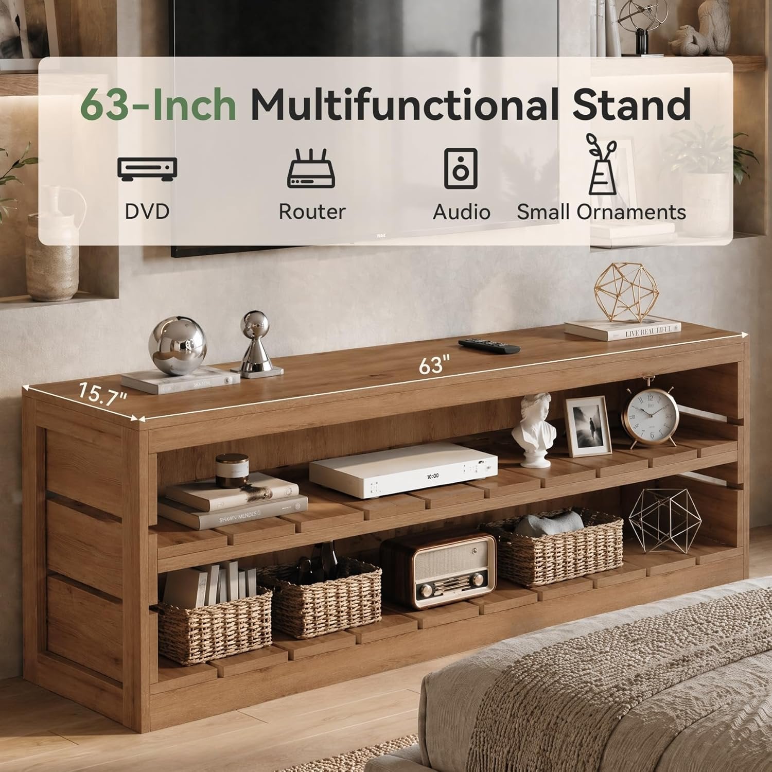 63" Solid Wood TV Stand, Farmhouse 3-Tier Television Stand for 55/60/65/75-Inch TV for Living Room Bedroom