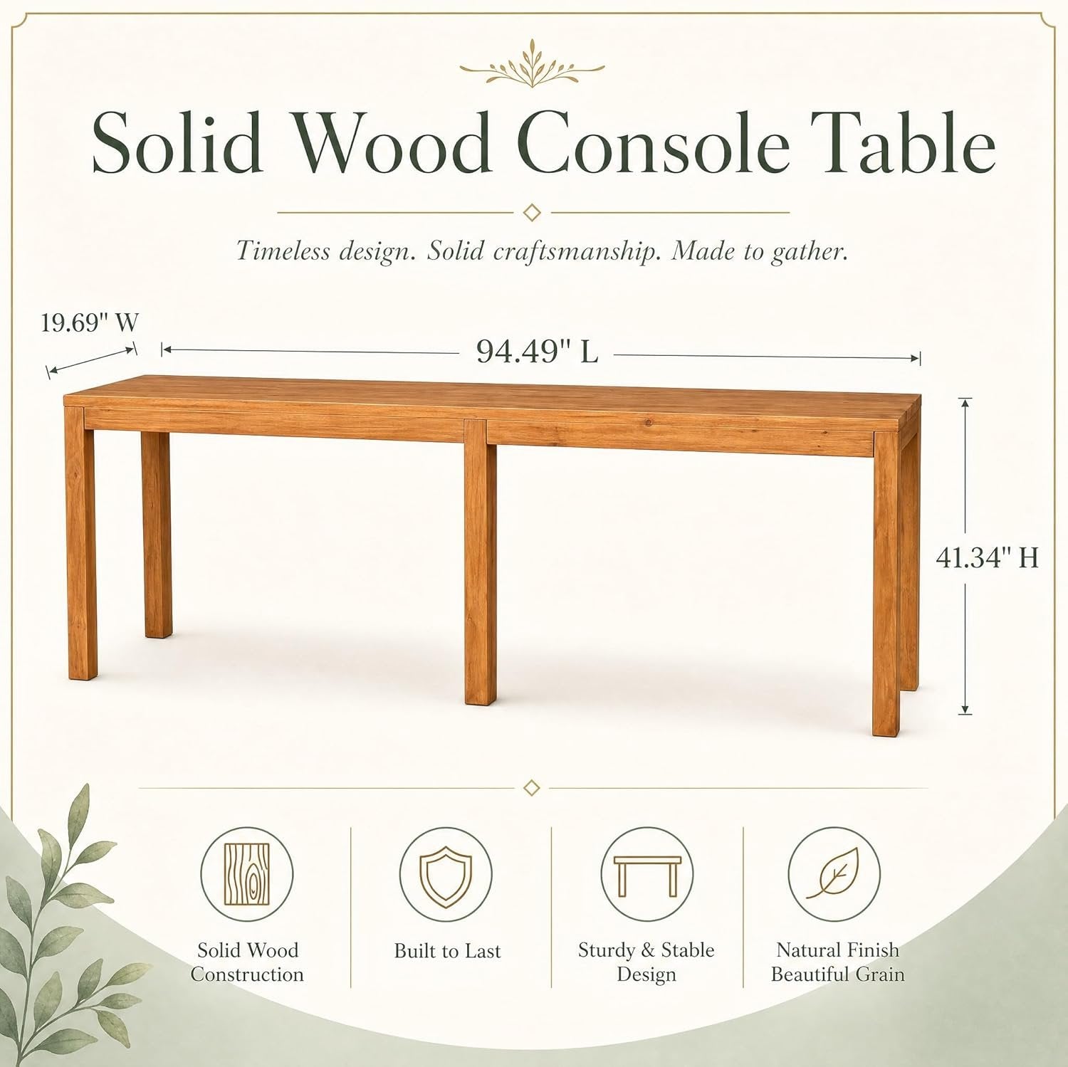 95" Solid Wood Console Table, Farmhouse Sofa Table Behind the Couch for Hallway