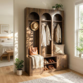 71" Tall 3 Arch Hall Tree, Entryway Coat Rack Shoe Storage Bench with 6 hooks 3