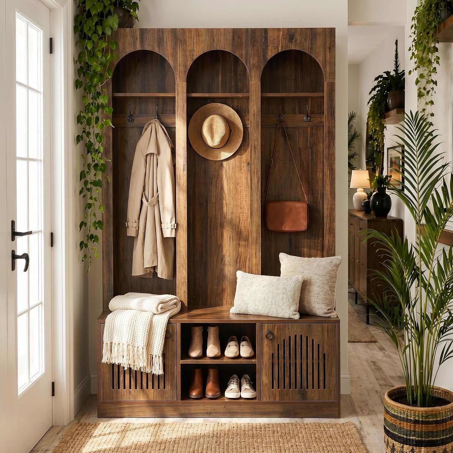 71" Tall 3 Arch Hall Tree, Entryway Coat Rack Shoe Storage Bench with 6 hooks
