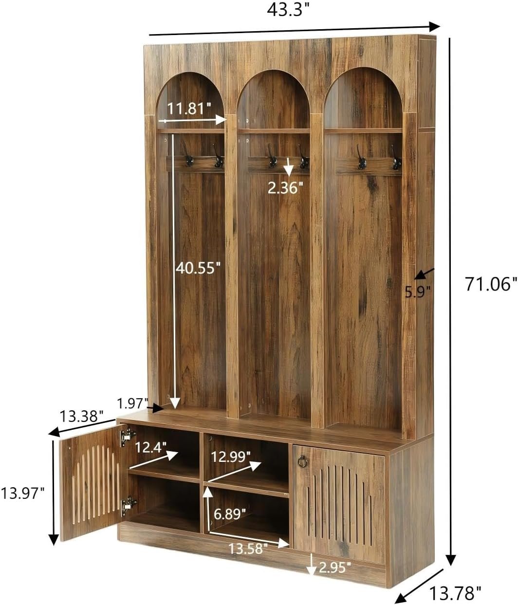 71" Tall 3 Arch Hall Tree, Entryway Coat Rack Shoe Storage Bench with 6 hooks