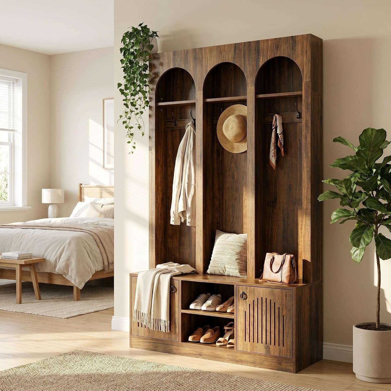 71" Tall 3 Arch Hall Tree, Entryway Coat Rack Shoe Storage Bench with 6 hooks