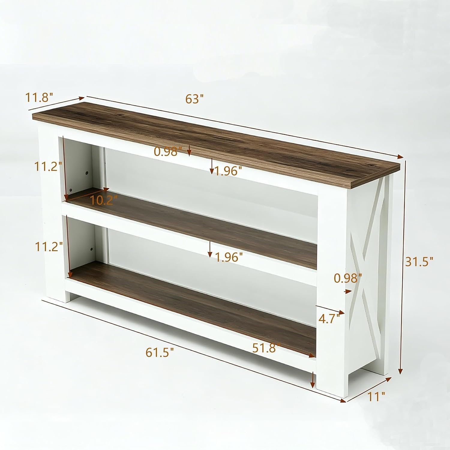 63" Farmhouse Console Table, Long Sofa Table with 3-Tier Storage for Living Room