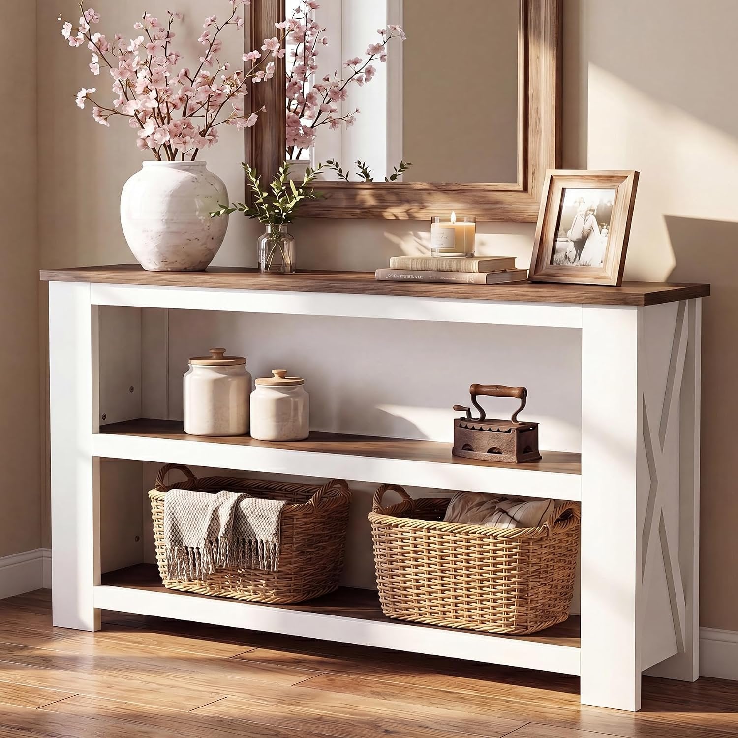 63" Farmhouse Console Table, Long Sofa Table with 3-Tier Storage for Living Room