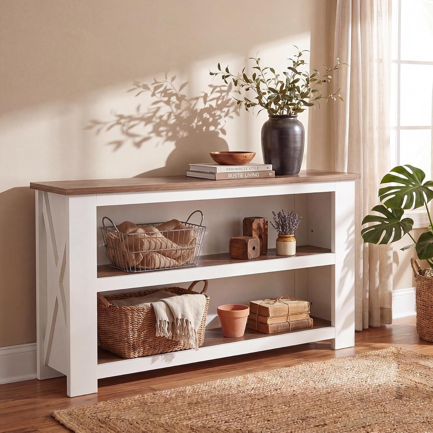 63" Farmhouse Console Table, Long Sofa Table with 3-Tier Storage for Living Room