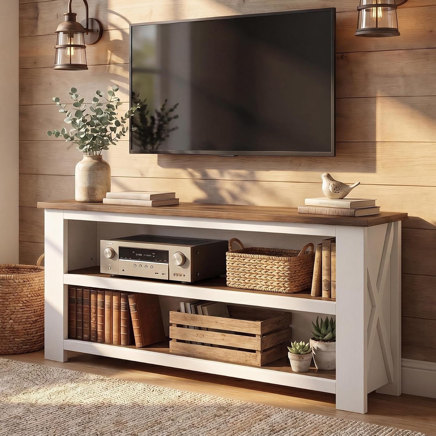63" TV Stand for TVs up to 75 Inches, Farmhouse Entertainment Center with 3-Tier Storage
