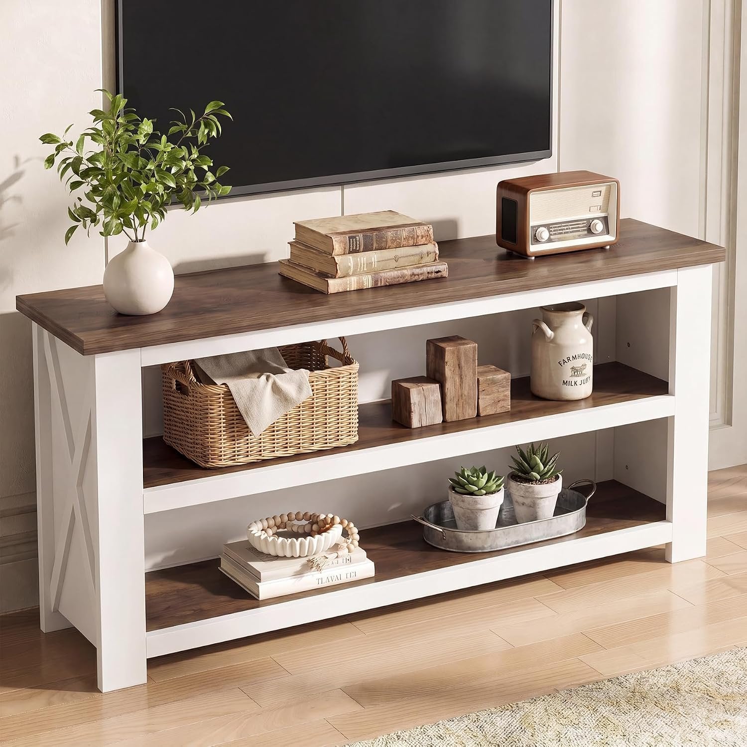 63" TV Stand for TVs up to 75 Inches, Farmhouse Entertainment Center with 3-Tier Storage