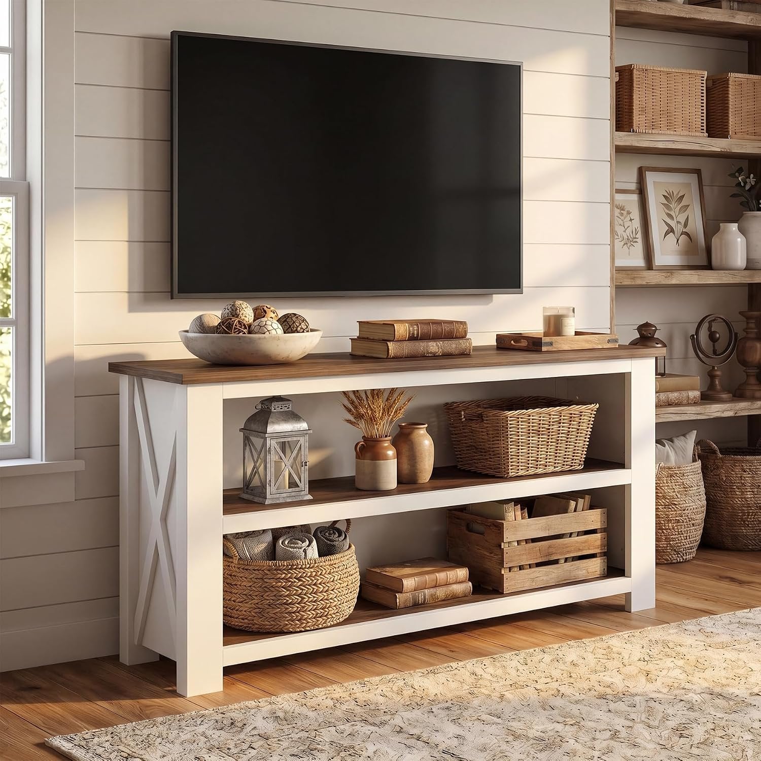 63" TV Stand for TVs up to 75 Inches, Farmhouse Entertainment Center with 3-Tier Storage