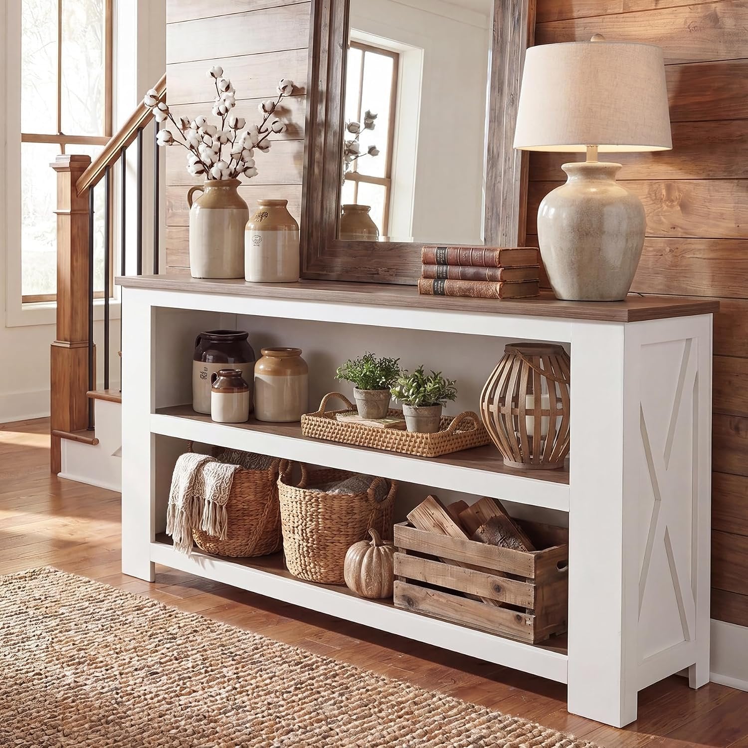 63" TV Stand for TVs up to 75 Inches, Farmhouse Entertainment Center with 3-Tier Storage
