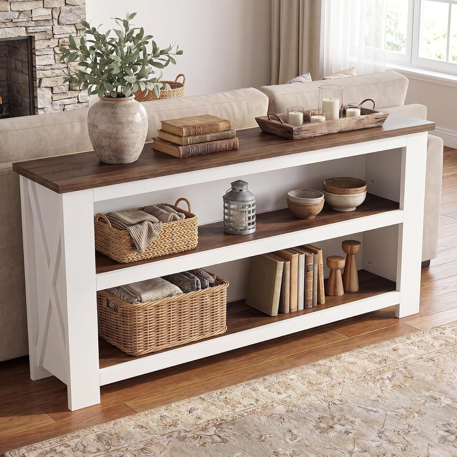 63" TV Stand for TVs up to 75 Inches, Farmhouse Entertainment Center with 3-Tier Storage