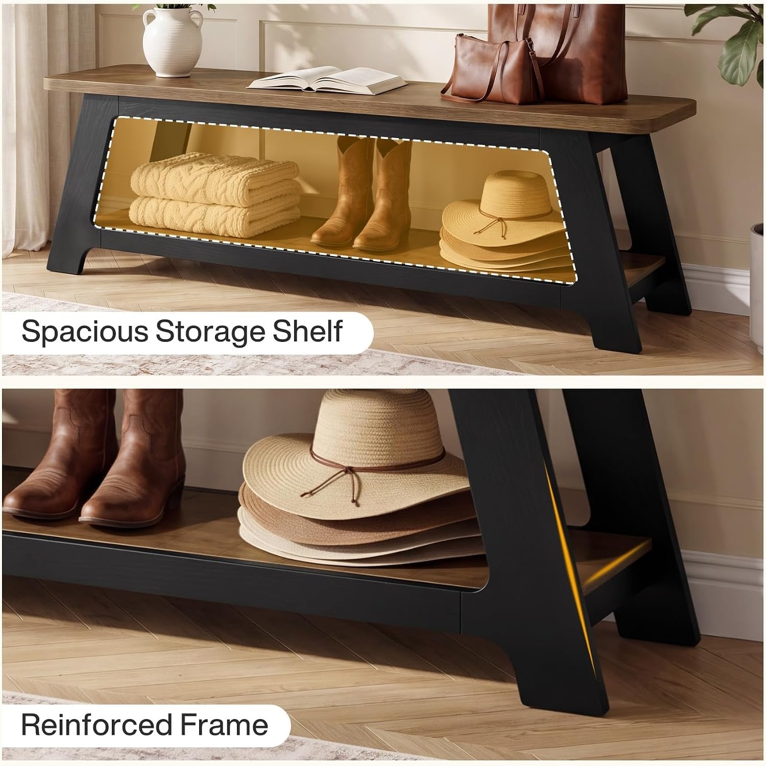 63" Long Entryway Bench, Modern Indoor Bench Seat with Shoe Storage for Hallway