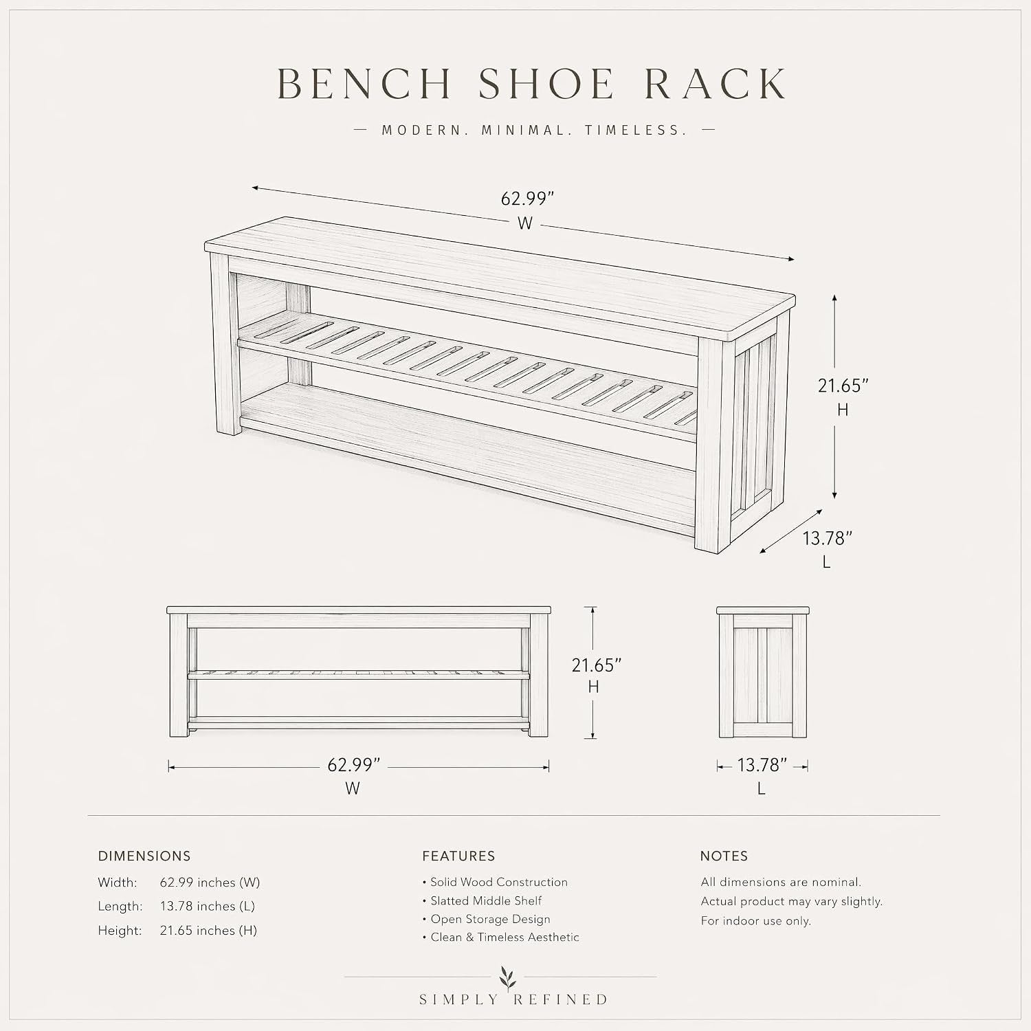 Solid Wood Entryway Bench, 63" Farmhouse Shoe Bench End of Bed Bench with Storage