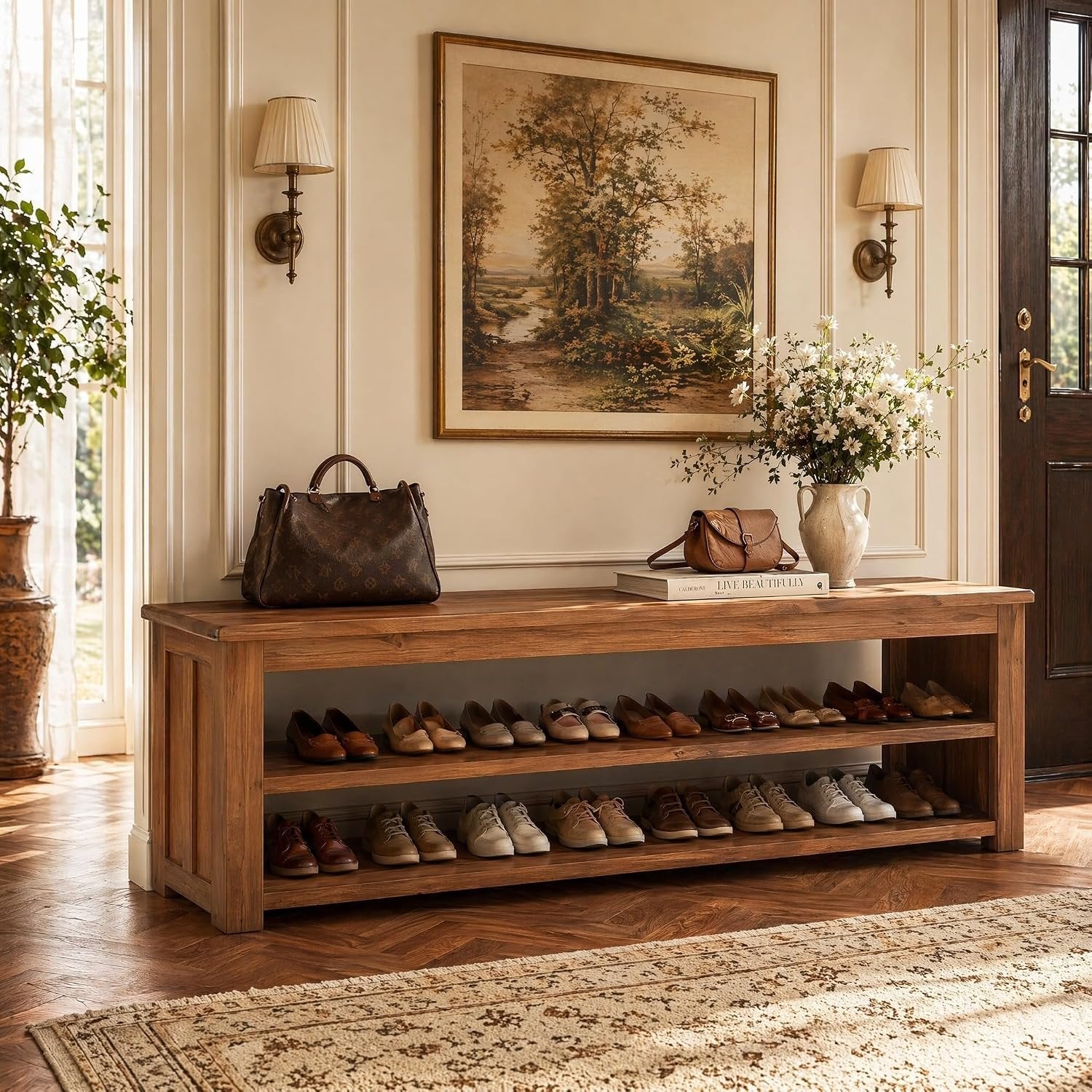 Solid Wood Entryway Bench, 63" Farmhouse Shoe Bench End of Bed Bench with Storage