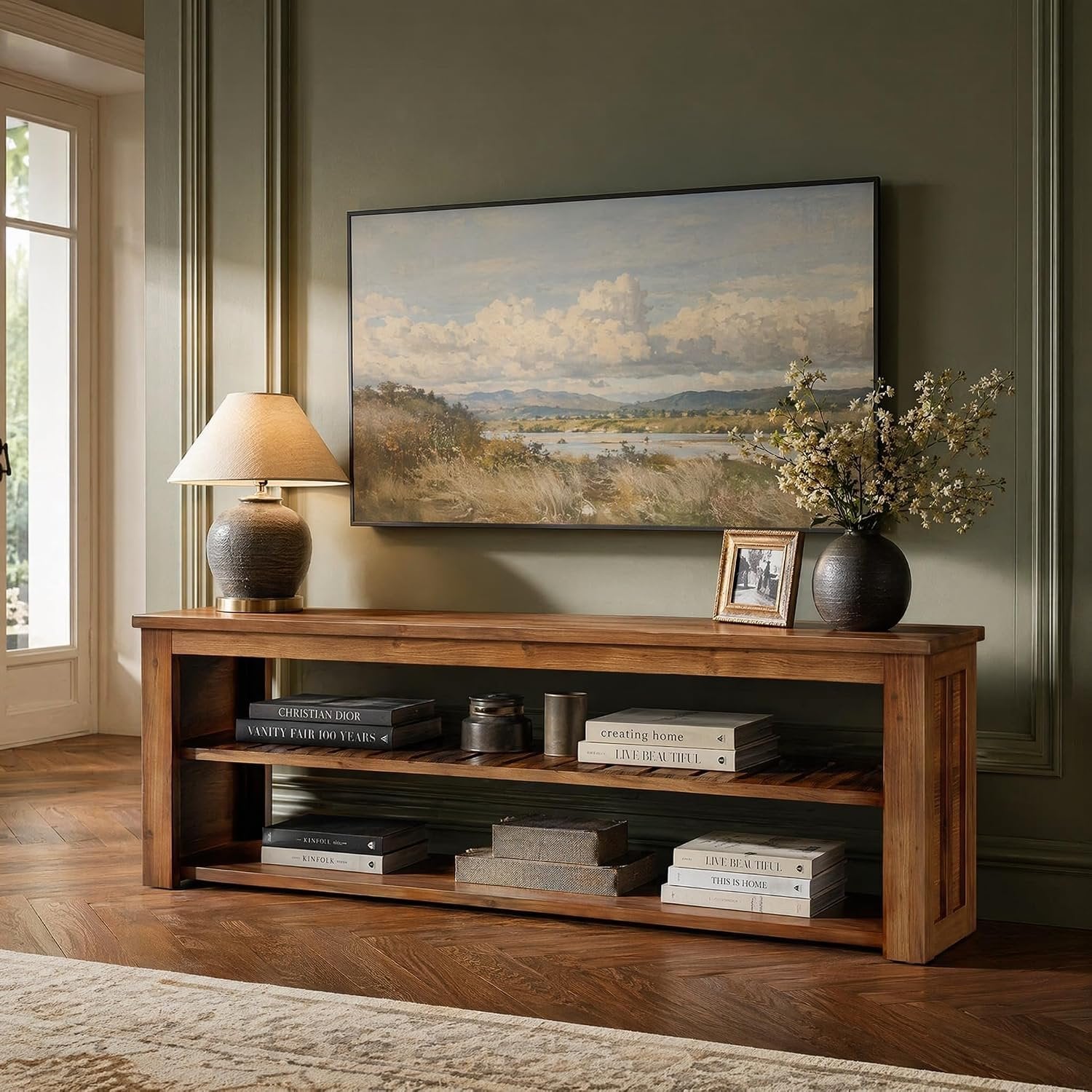 63" Solid Wood TV Stand, Rustic Entertainment Center for TVs Up to 75 Inch for Living Room