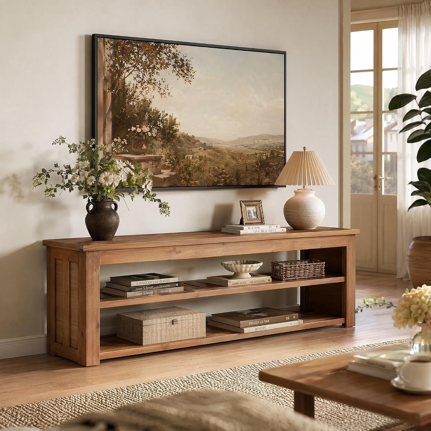 63" Solid Wood TV Stand, Rustic Entertainment Center for TVs Up to 75 Inch for Living Room
