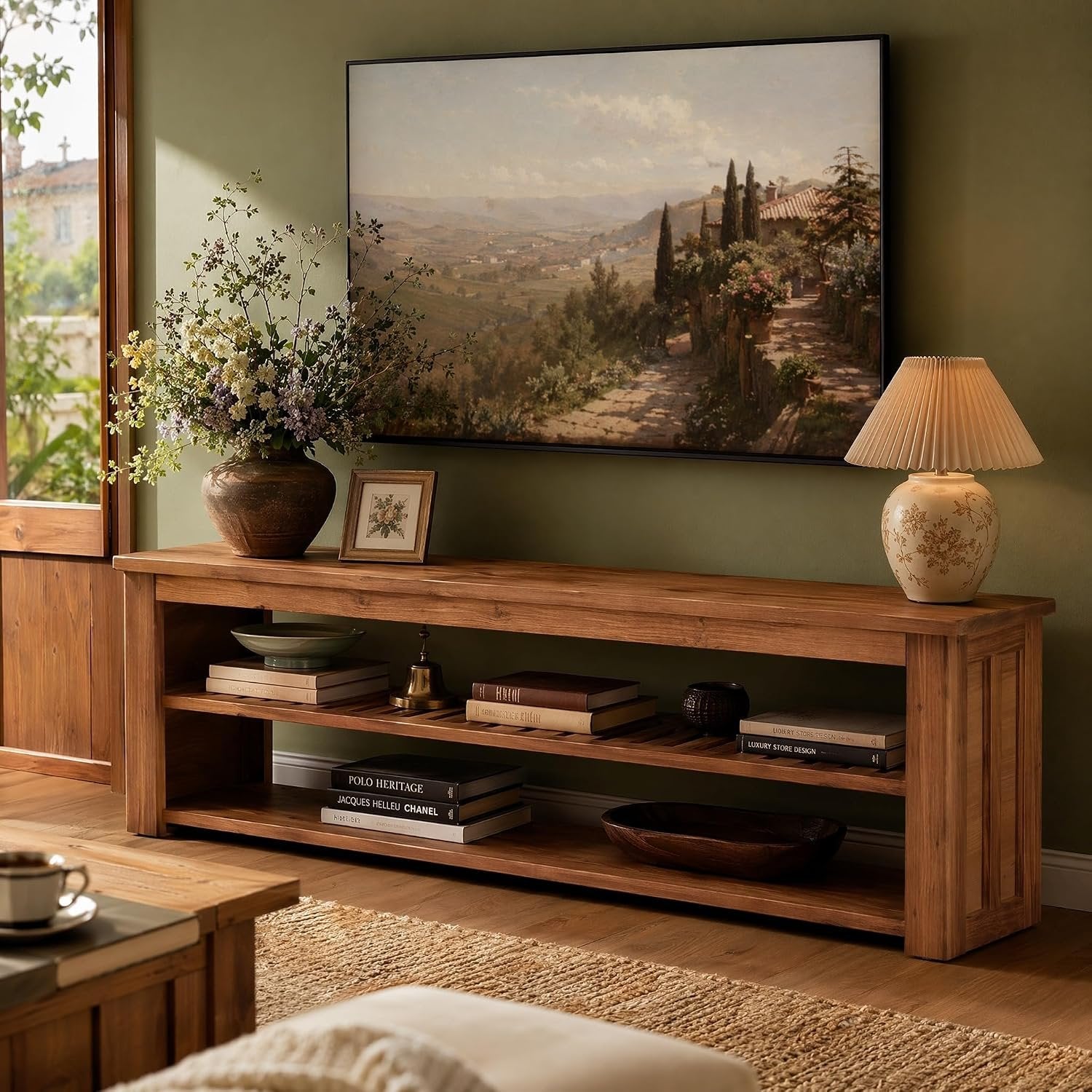 63" Solid Wood TV Stand, Rustic Entertainment Center for TVs Up to 75 Inch for Living Room