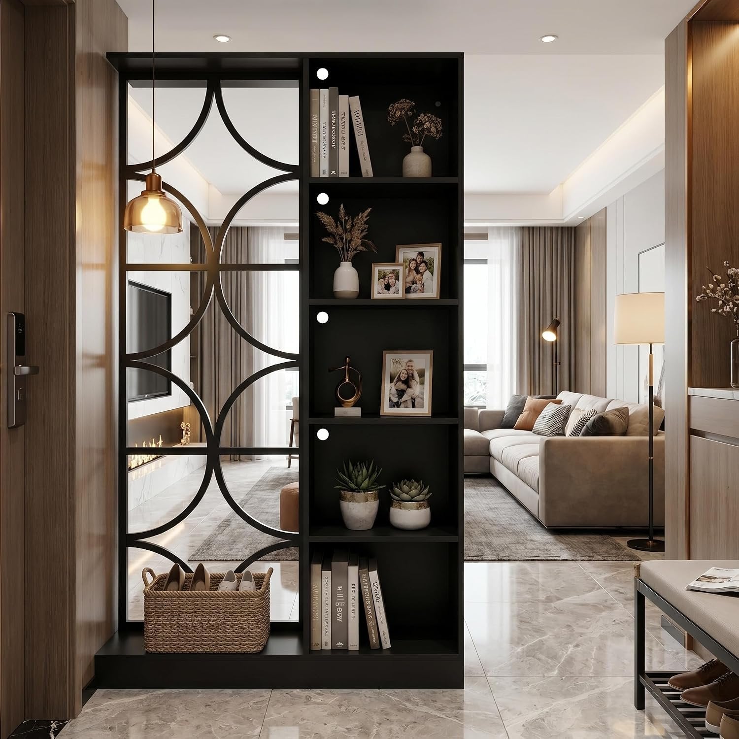 71" Tall Wall Room Divider, Freestanding Entrance Wall Partition with Shelves & LED Light