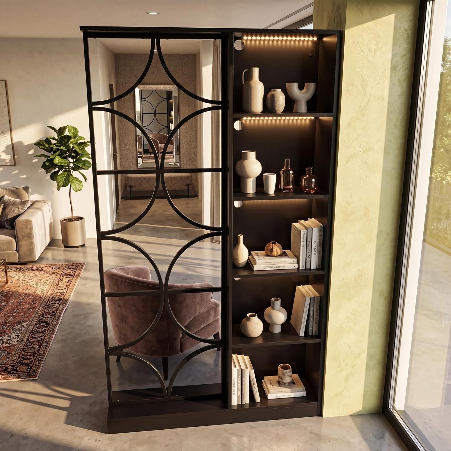 71" Tall Wall Room Divider, Freestanding Entrance Wall Partition with Shelves & LED Light