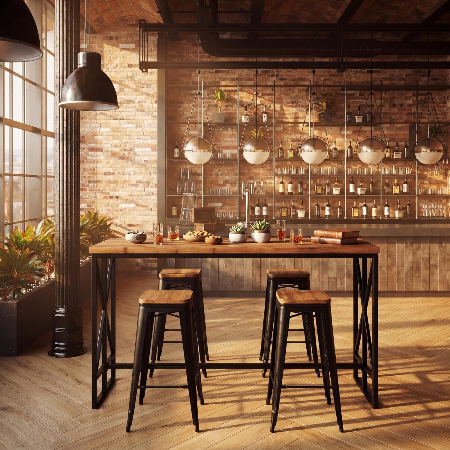 62.6" Rectangular Bar Table, Farmhouse Counter Height Pub Table with Metal Footrest for Coffee Bar
