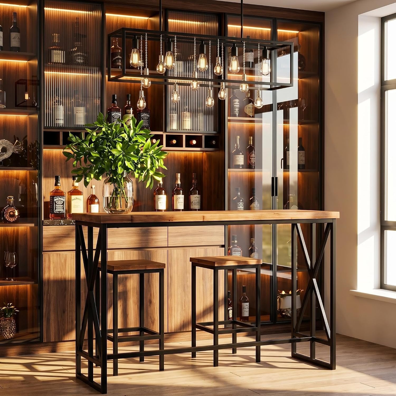 62.6" Rectangular Bar Table, Farmhouse Counter Height Pub Table with Metal Footrest for Coffee Bar