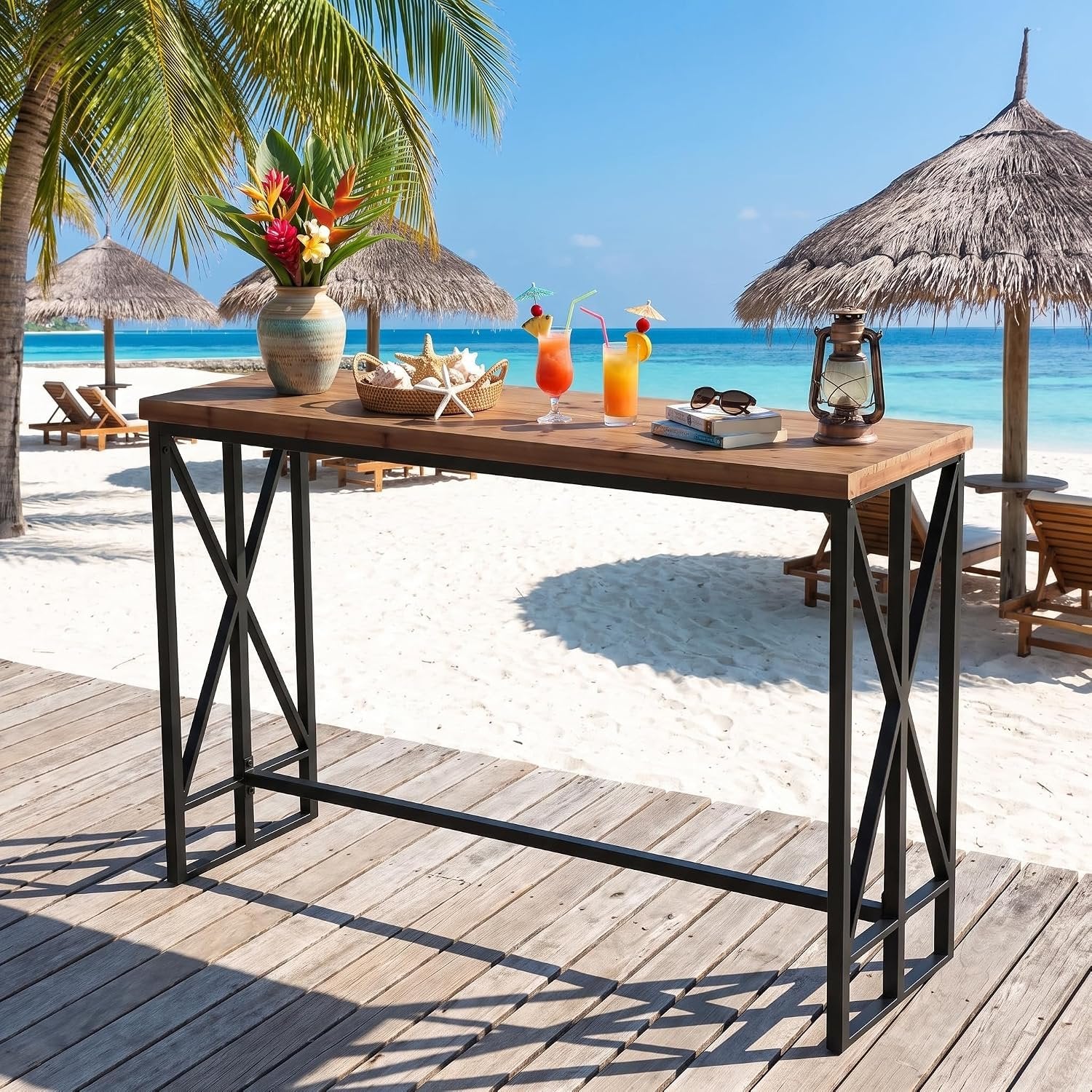 62.6" Rectangular Bar Table, Farmhouse Counter Height Pub Table with Metal Footrest for Coffee Bar