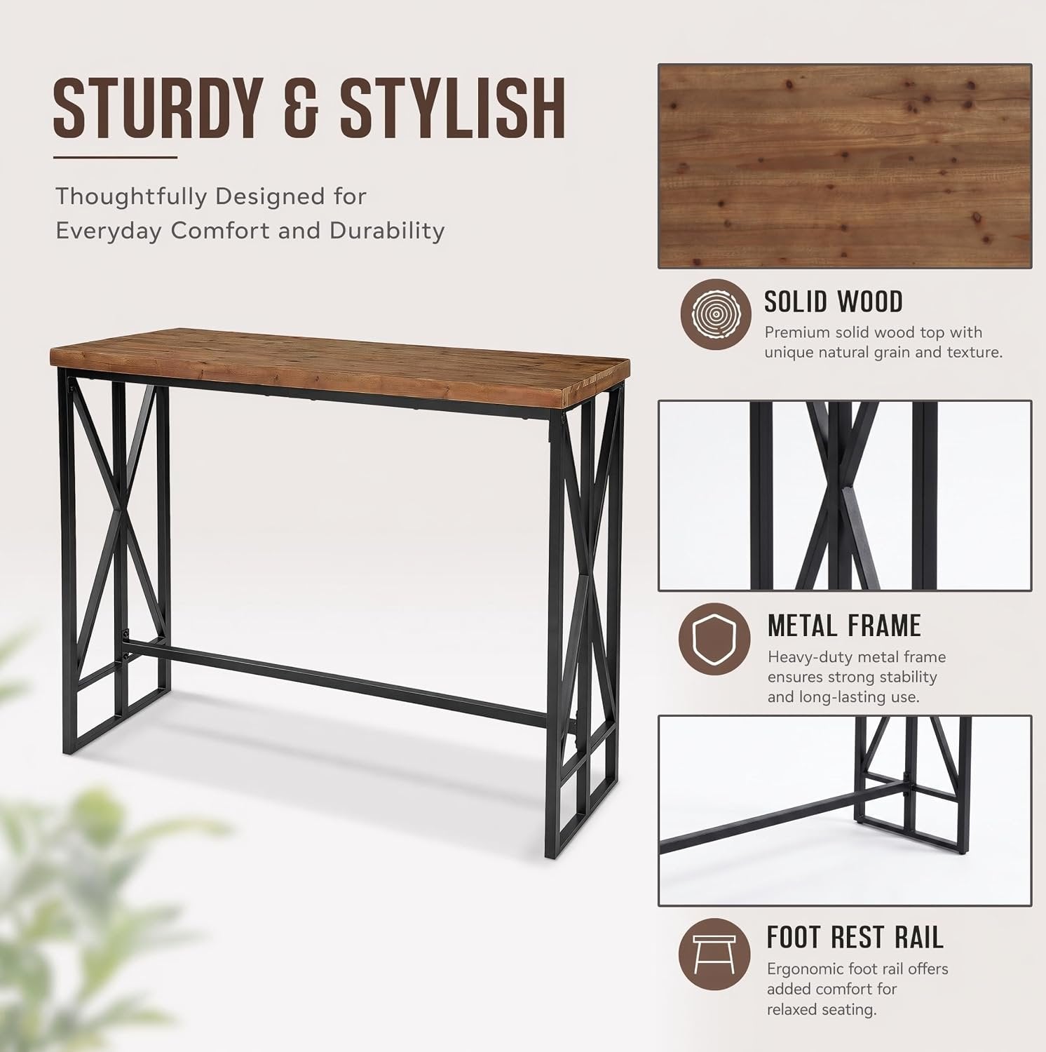 62.6" Rectangular Bar Table, Farmhouse Counter Height Pub Table with Metal Footrest for Coffee Bar