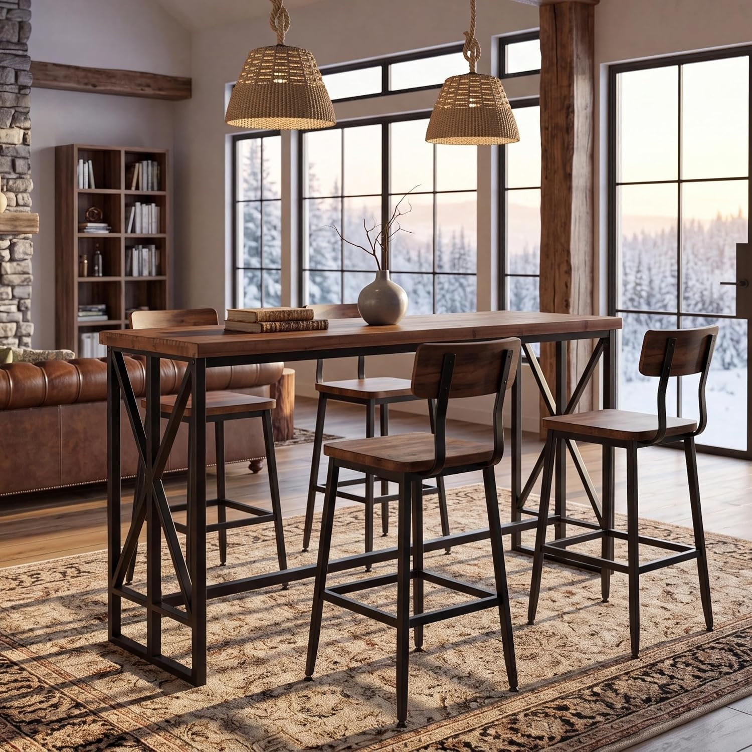 62.6" Rectangular Bar Table, Farmhouse Counter Height Pub Table with Metal Footrest for Coffee Bar